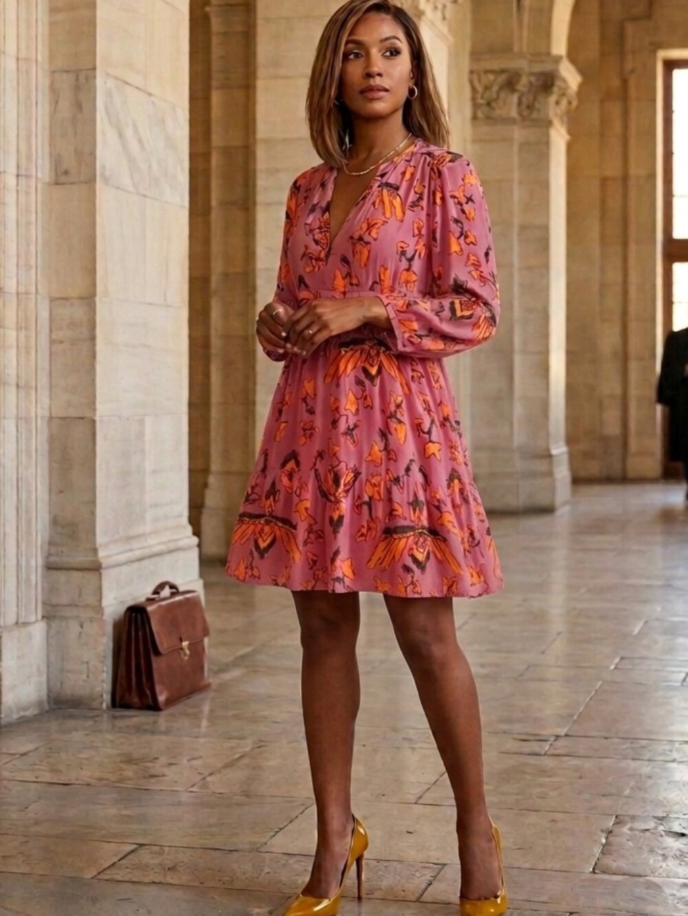 ba&sh💞Vibrant Pink with Orange/Yellow Pattern Dress Size 1 (M)